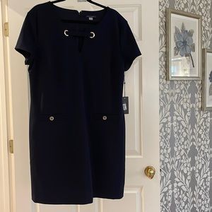 Tommy Hilfiger navy blue, short-sleeved dress w/ gold buttons, zip back, size 18